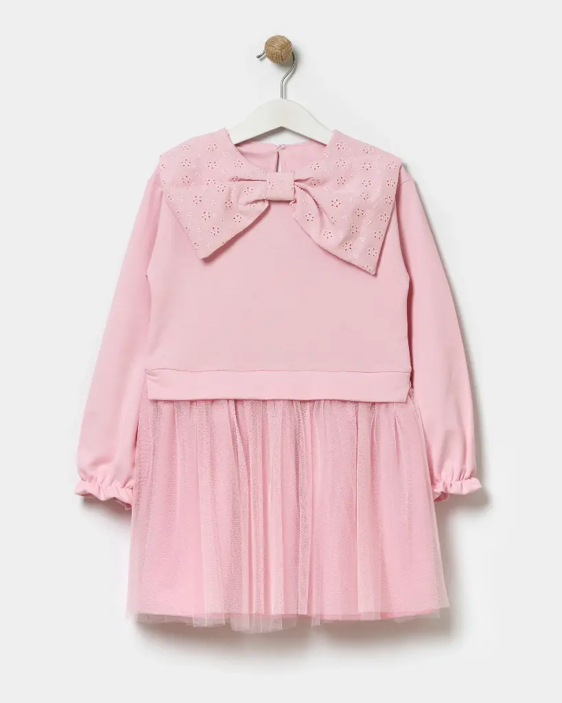 Pink Bow-Neck Tulle Girl Dress (4-7 Years)