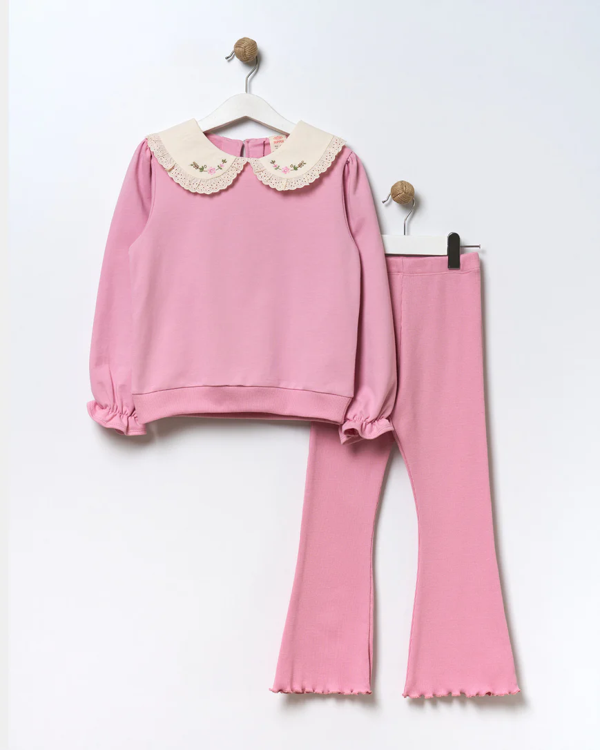 Pink Scallop Collar Detailed 2-Piece Spanish Leg Girls' Suit (4-7 Years) 