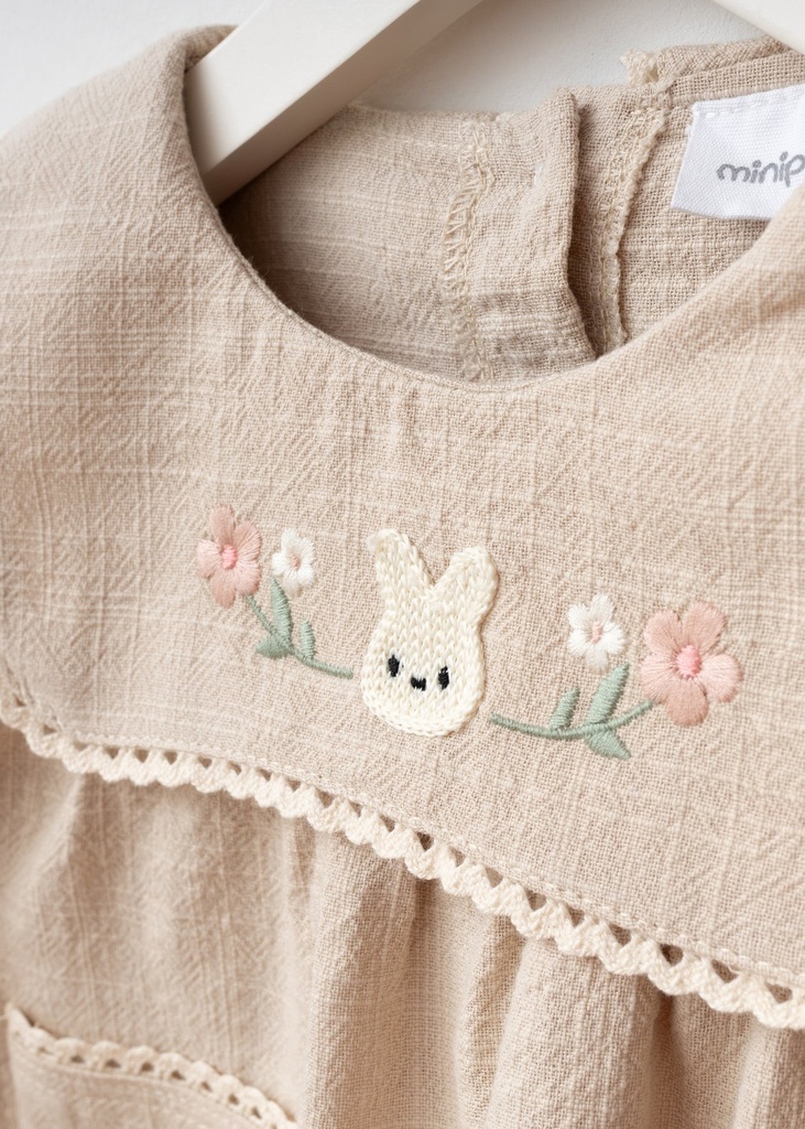 Embroidered Pocket Baby Girl Dress- Beige