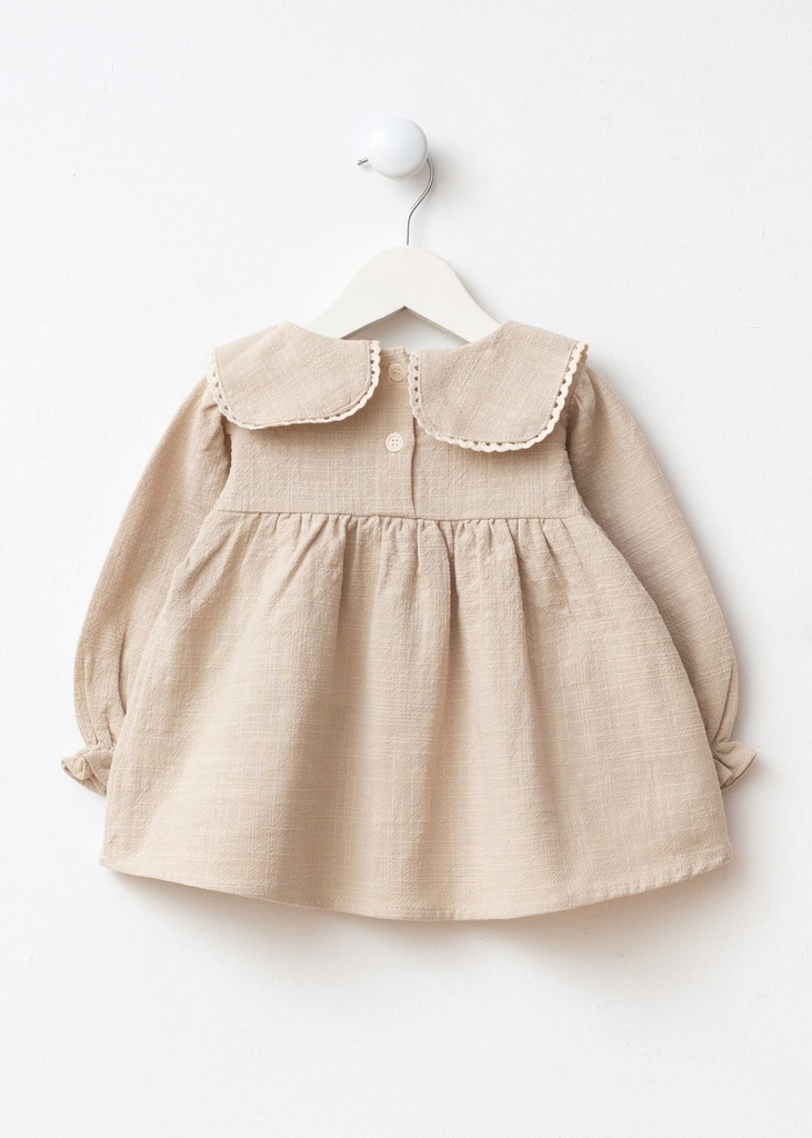 Embroidered Pocket Baby Girl Dress- Beige
