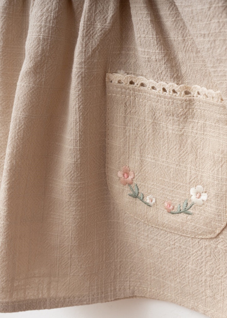 Embroidered Pocket Baby Girl Dress- Beige