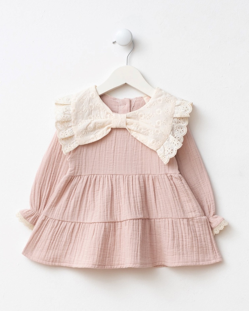 Baby Girl Muslin Dress with Bow Detail and Bag- Powder Pink