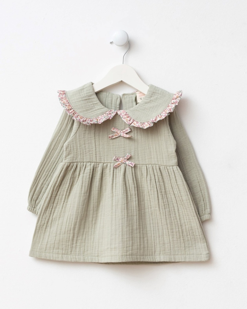 Bow Detailed Muslin Baby Girl Dress with Bag -  Green