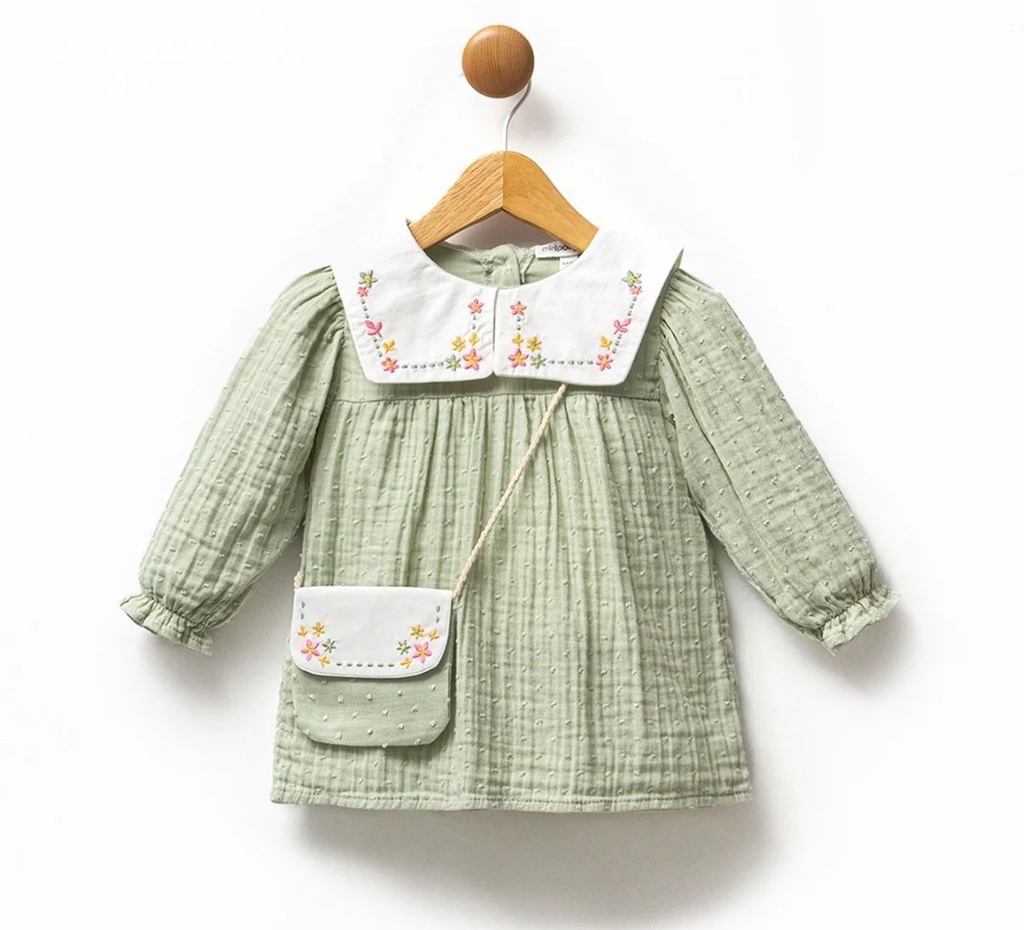 Peter Pan Collar Baby Girl Muslin Dress- Green