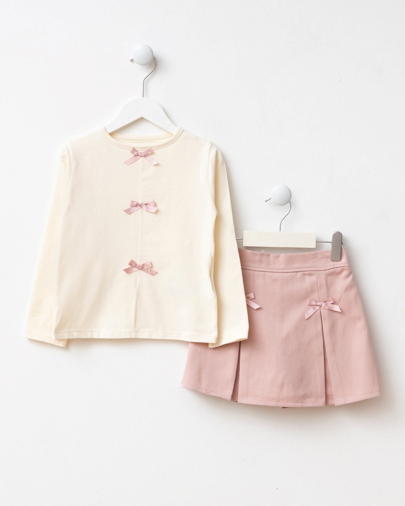 Three-Piece Holiday Outfit: Skort, cardigan and Blouse(Ages 4-7)- Powder Pink