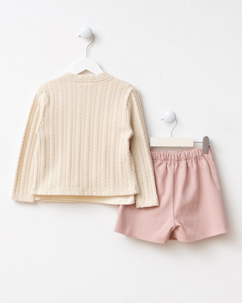 Three-Piece Holiday Outfit: Skort, cardigan and Blouse(Ages 4-7)- Powder Pink