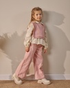Three-Piece Girls' Holiday Outfit with Lace Collar Shirt, Sweater, and Relaxed Fit Trousers -Pink
