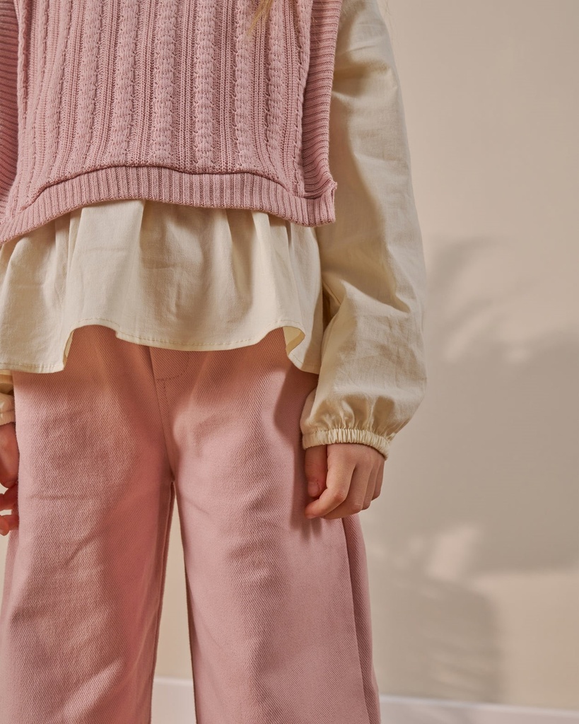 Three-Piece Girls' Holiday Outfit with Lace Collar Shirt, Sweater, and Relaxed Fit Trousers -Pink
