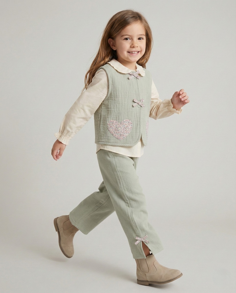 Three-Piece Holiday Outfit: Muslin Vest with Bow Detail and Relaxed Fit Trousers 