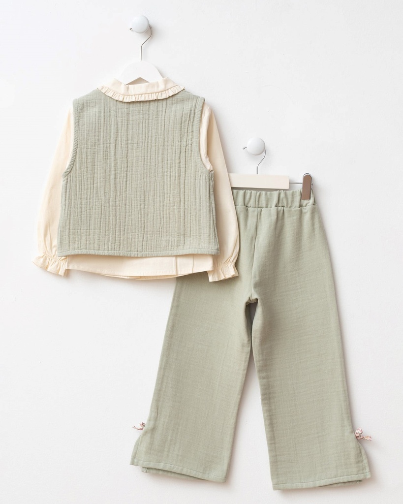 Three-Piece Holiday Outfit: Muslin Vest with Bow Detail and Relaxed Fit Trousers 
