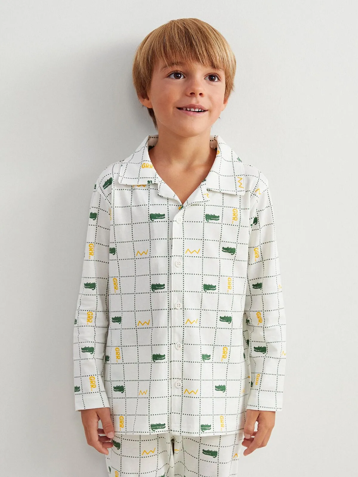Off-White Shirt Collar Plaid Pattern Long-Sleeved Boys' Pajama Set