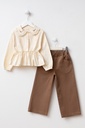 Three-Piece Girls' Holiday Outfit with Lace Collar Shirt, Sweater, and Relaxed Fit Trousers -Beige