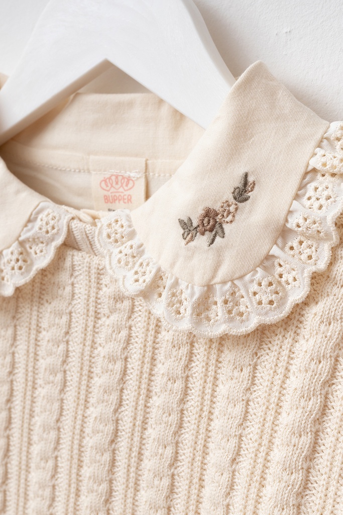 Three-Piece Girls' Holiday Outfit with Lace Collar Shirt, Sweater, and Relaxed Fit Trousers -Beige