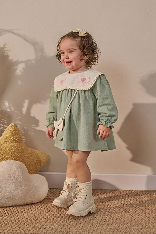 Embroidered Girl Dress with Bag - Green 
