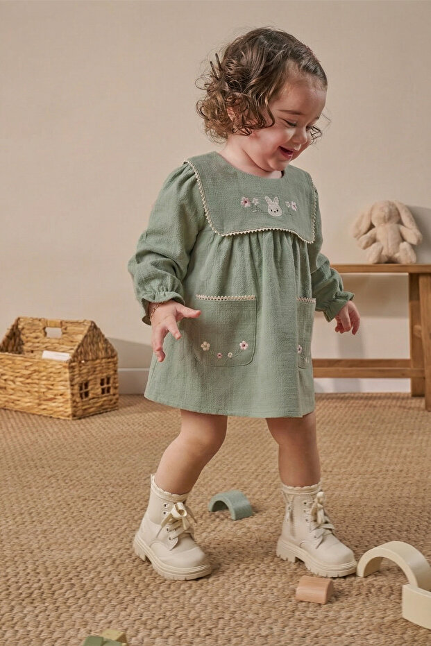Embroidered Pocket Baby Girl Dress- Green