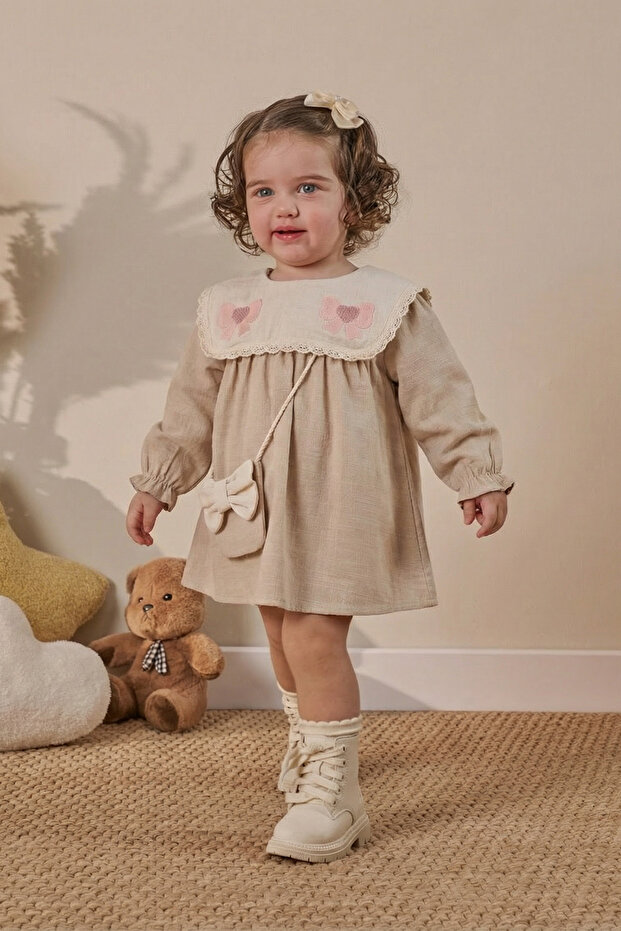 Embroidered Baby Girl Dress with Bag - Beige
