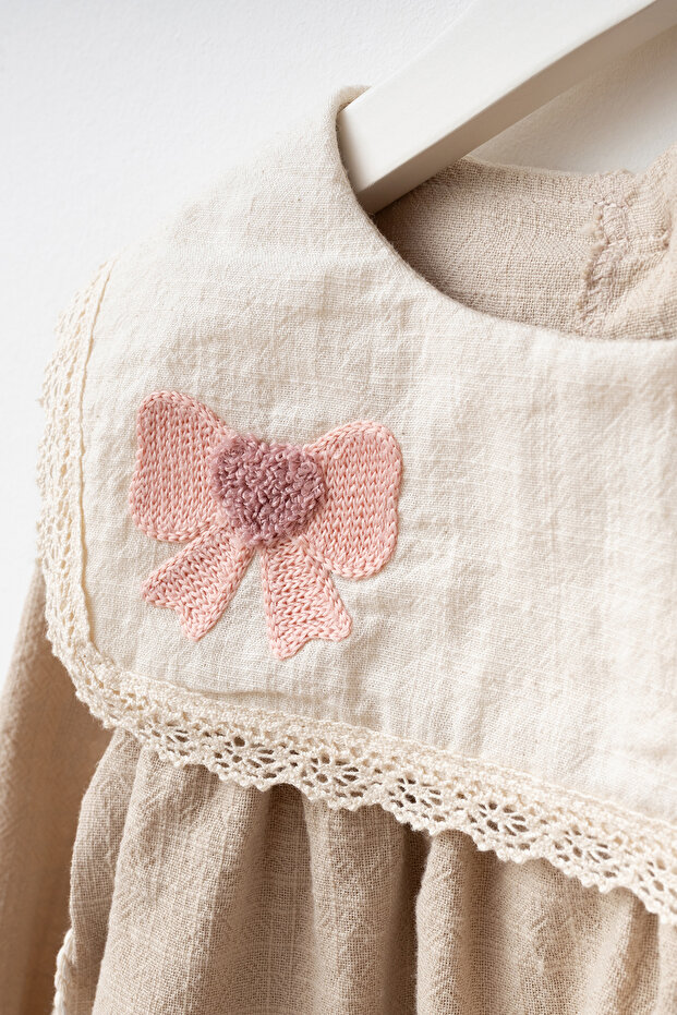 Embroidered Baby Girl Dress with Bag - Beige