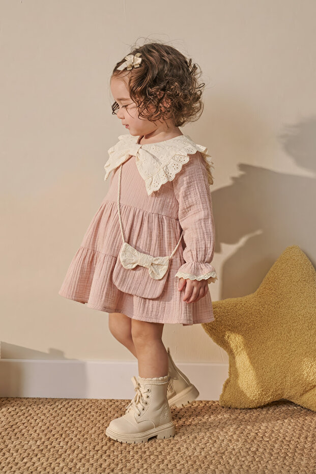 Baby Girl Muslin Dress with Bow Detail and Bag- Powder Pink
