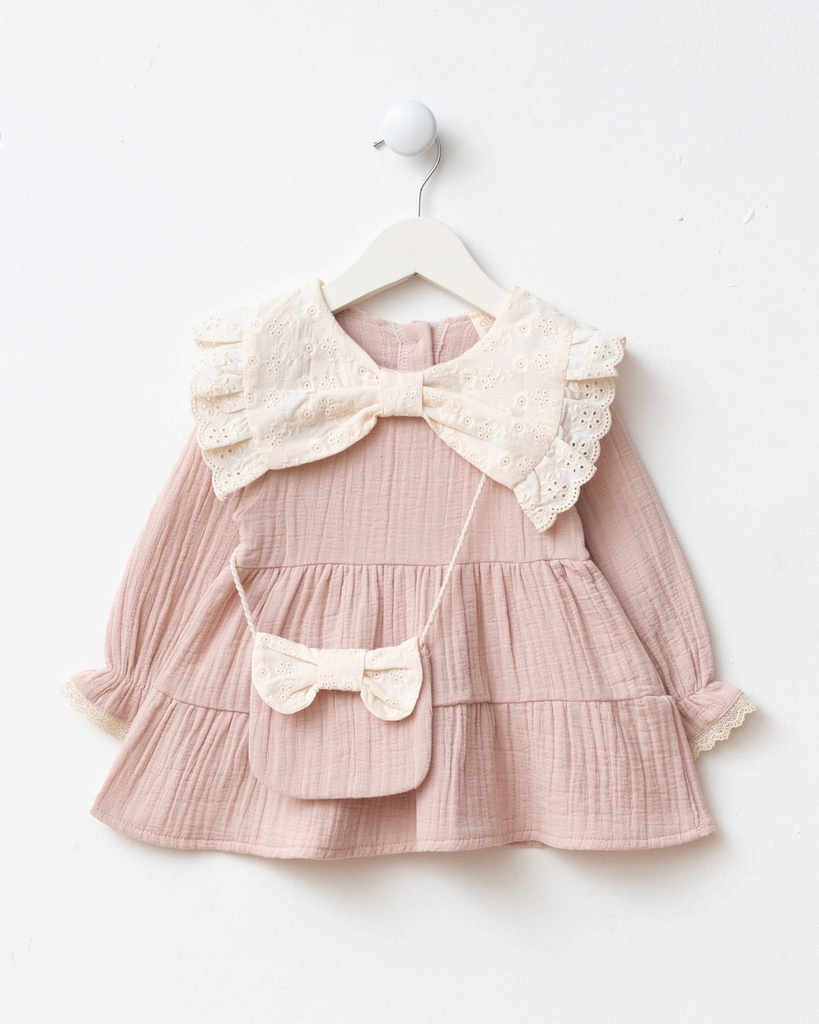 Baby Girl Muslin Dress with Bow Detail and Bag- Powder Pink