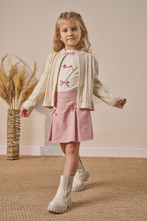Three-Piece Holiday Outfit: Skort, cardigan and Blouse(Ages 4-7)- Powder Pink