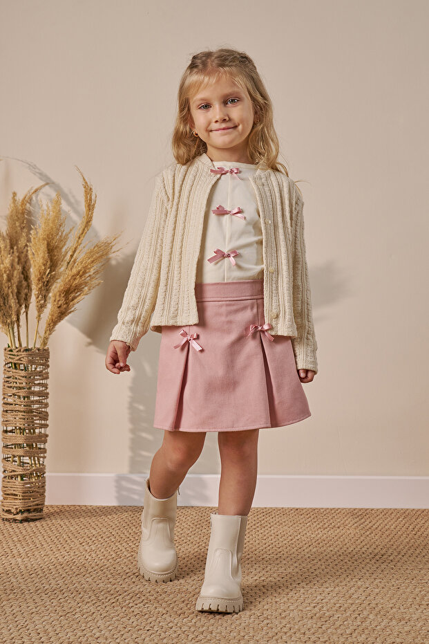 Three-Piece Holiday Outfit: Skort, cardigan and Blouse(Ages 4-7)- Powder Pink
