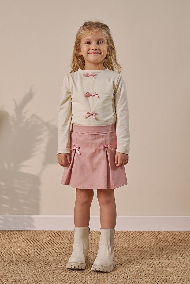 Three-Piece Holiday Outfit: Skort, cardigan and Blouse(Ages 4-7)- Powder Pink