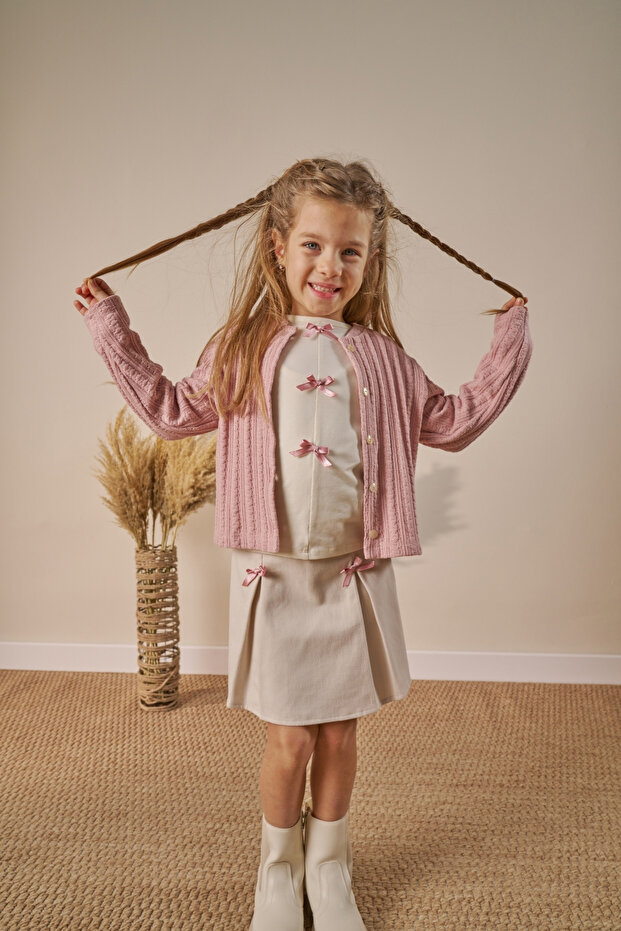 Three-Piece Holiday Outfit: Skort, cardigan and Blouse(Ages 4-7)- Beige
