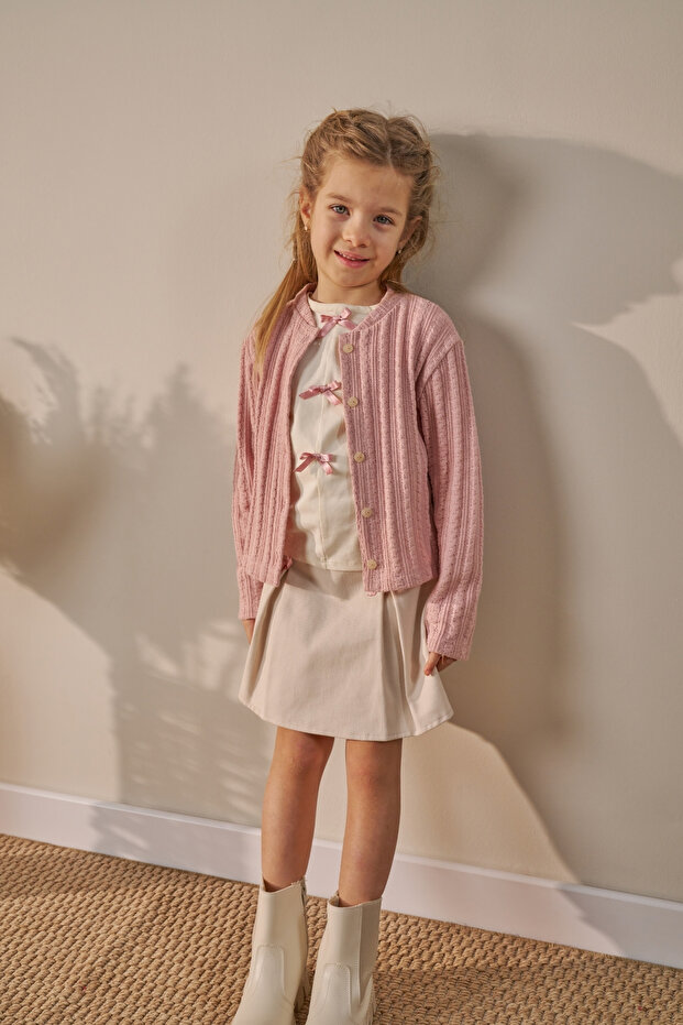 Three-Piece Holiday Outfit: Skort, cardigan and Blouse(Ages 4-7)- Beige