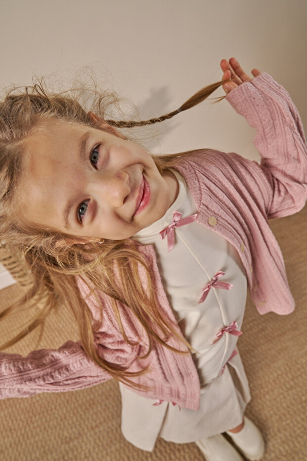 Three-Piece Holiday Outfit: Skort, cardigan and Blouse(Ages 4-7)- Beige