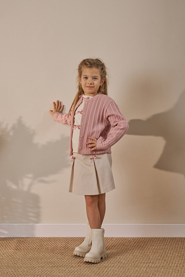 Three-Piece Holiday Outfit: Skort, cardigan and Blouse(Ages 4-7)- Beige