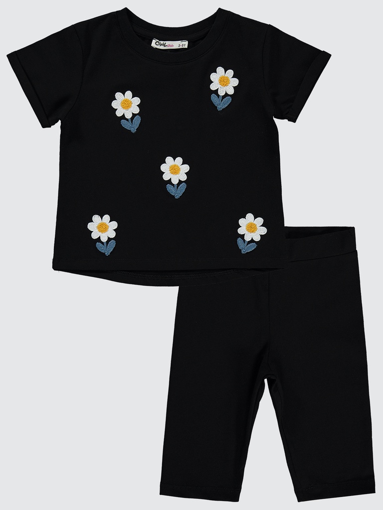 Girls Daisy Embroidered Set- Black- (2-5Y) 