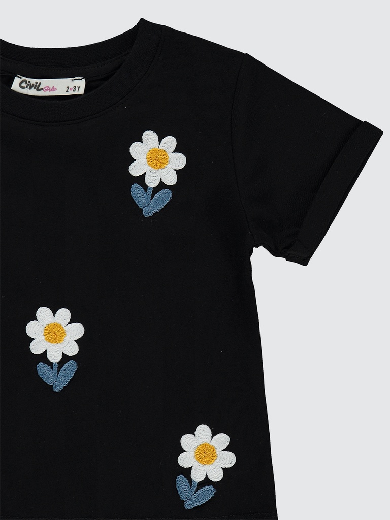 Girls Daisy Embroidered Set- Black- (2-5Y) 