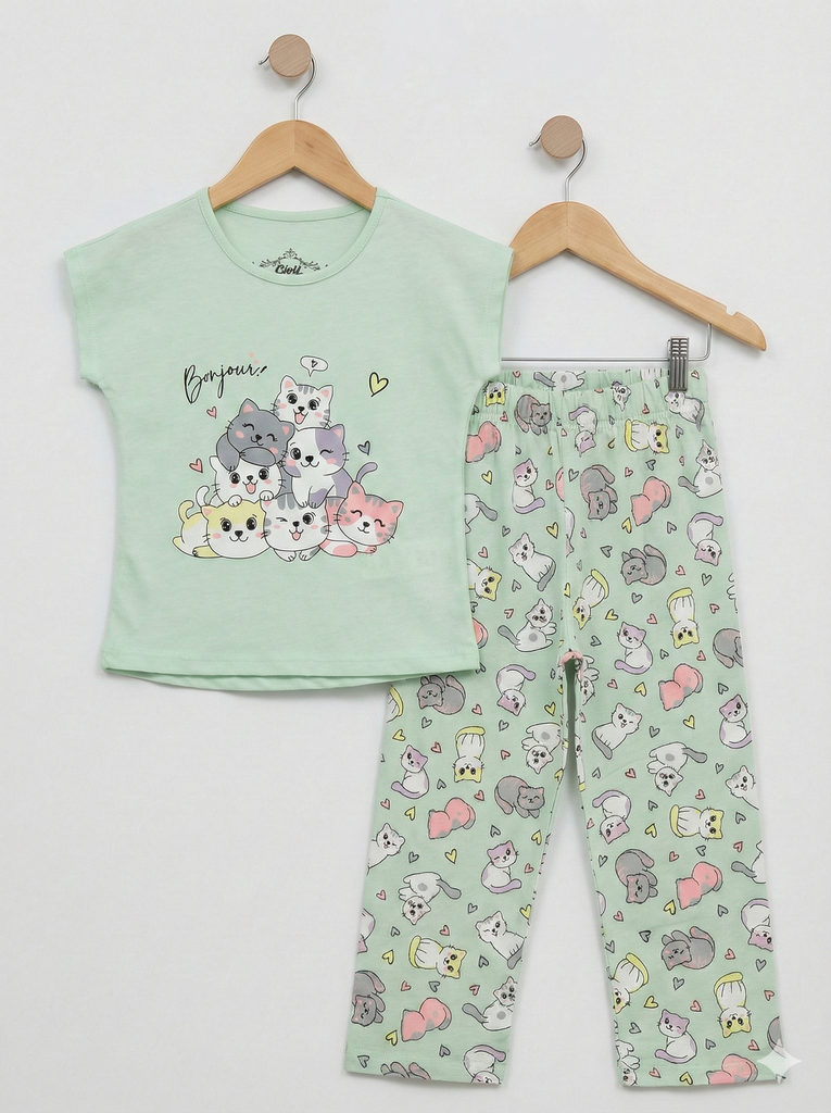 Cats Green Pajama (2-5Y)