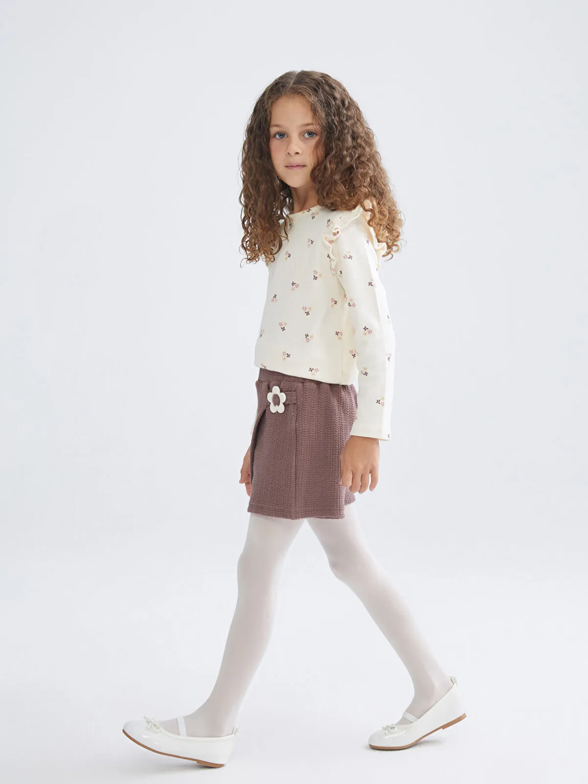 Off-White Ruffled Girls' Blouse, Skirt, and Tights Set