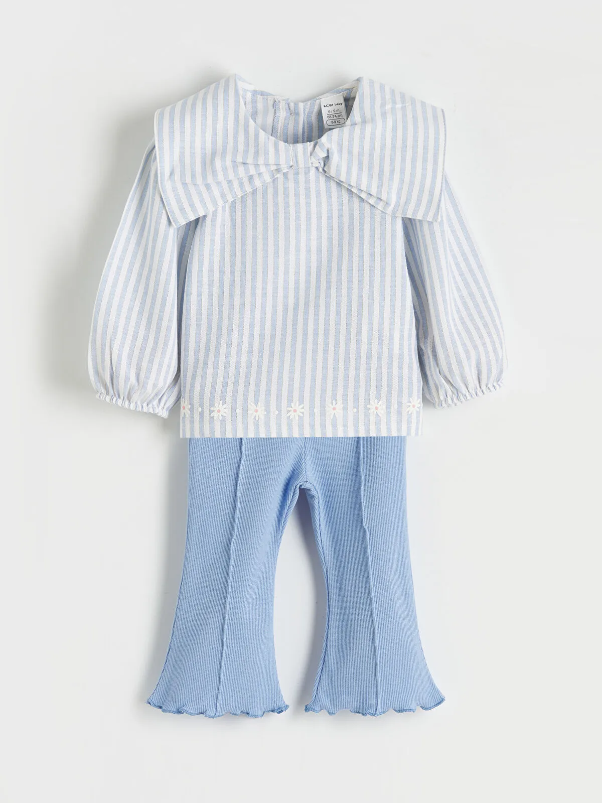 Off-White Striped Blouse and Leggings with Bow Collar Detail