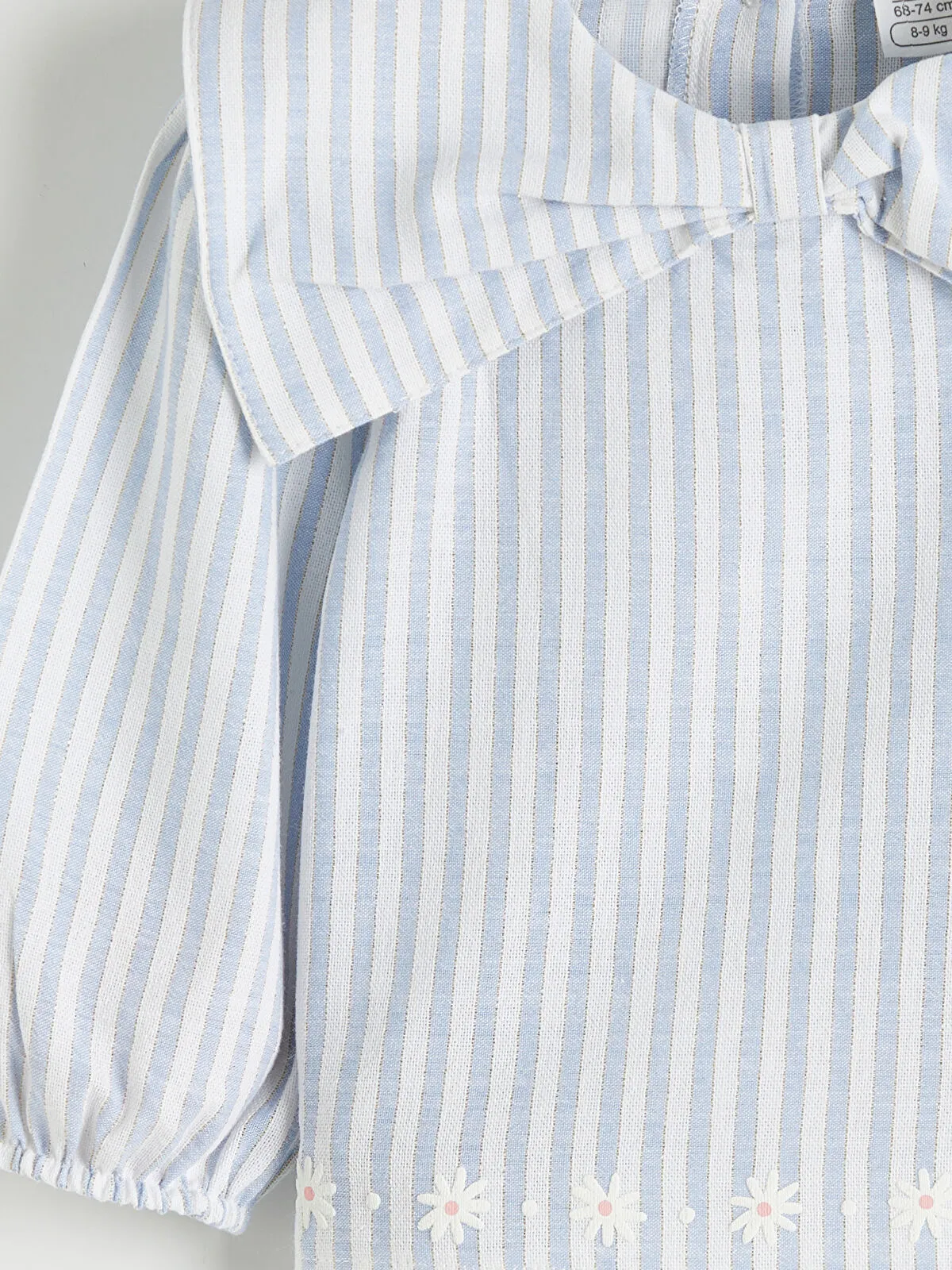 Off-White Striped Blouse and Leggings with Bow Collar Detail