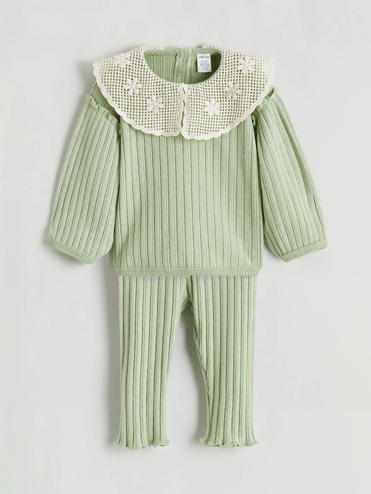 Green Baby Collar Patterned Long-Sleeved Baby Girl Blouse and Leggings