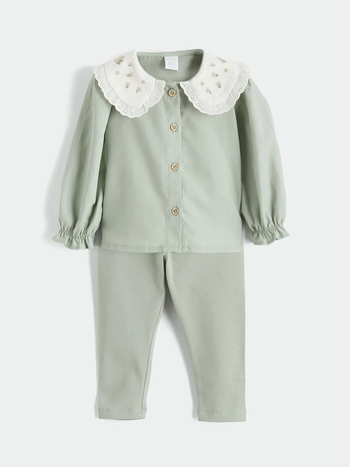 Green Baby Collar Embroidered Long-Sleeved Baby Girl Set