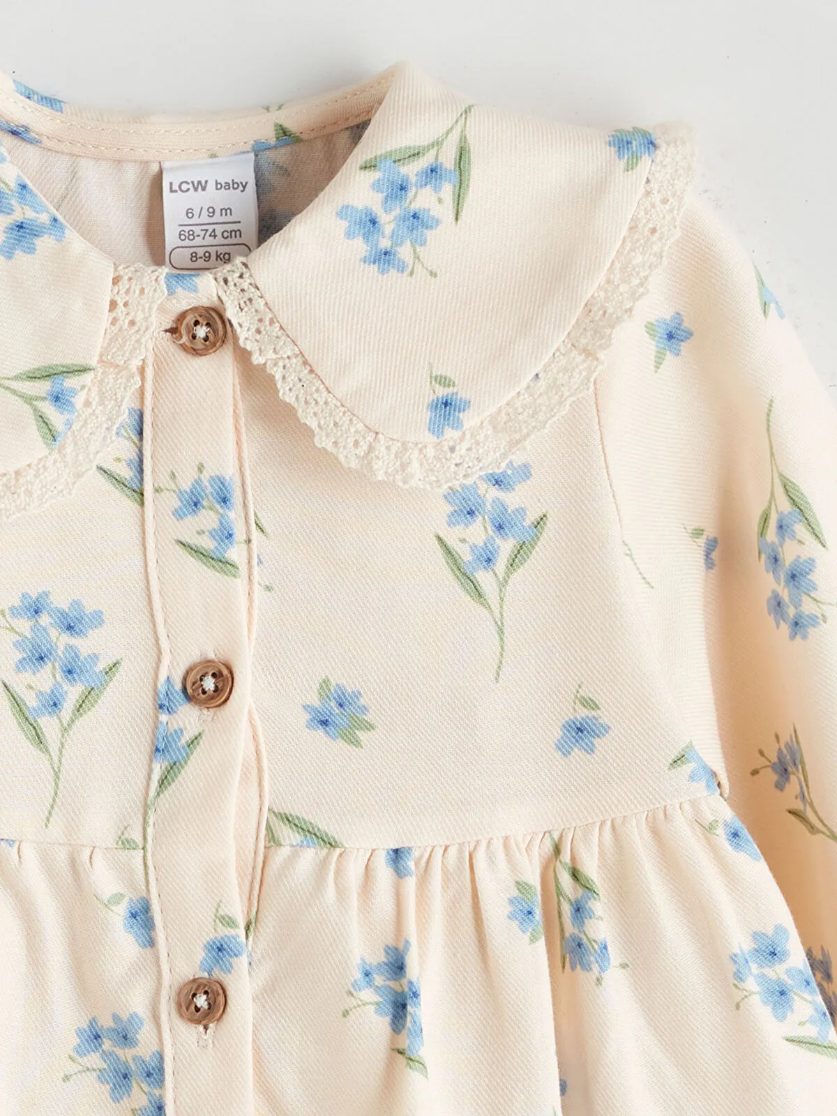 Beige Baby Collar Ruffled Printed Girl's Dress