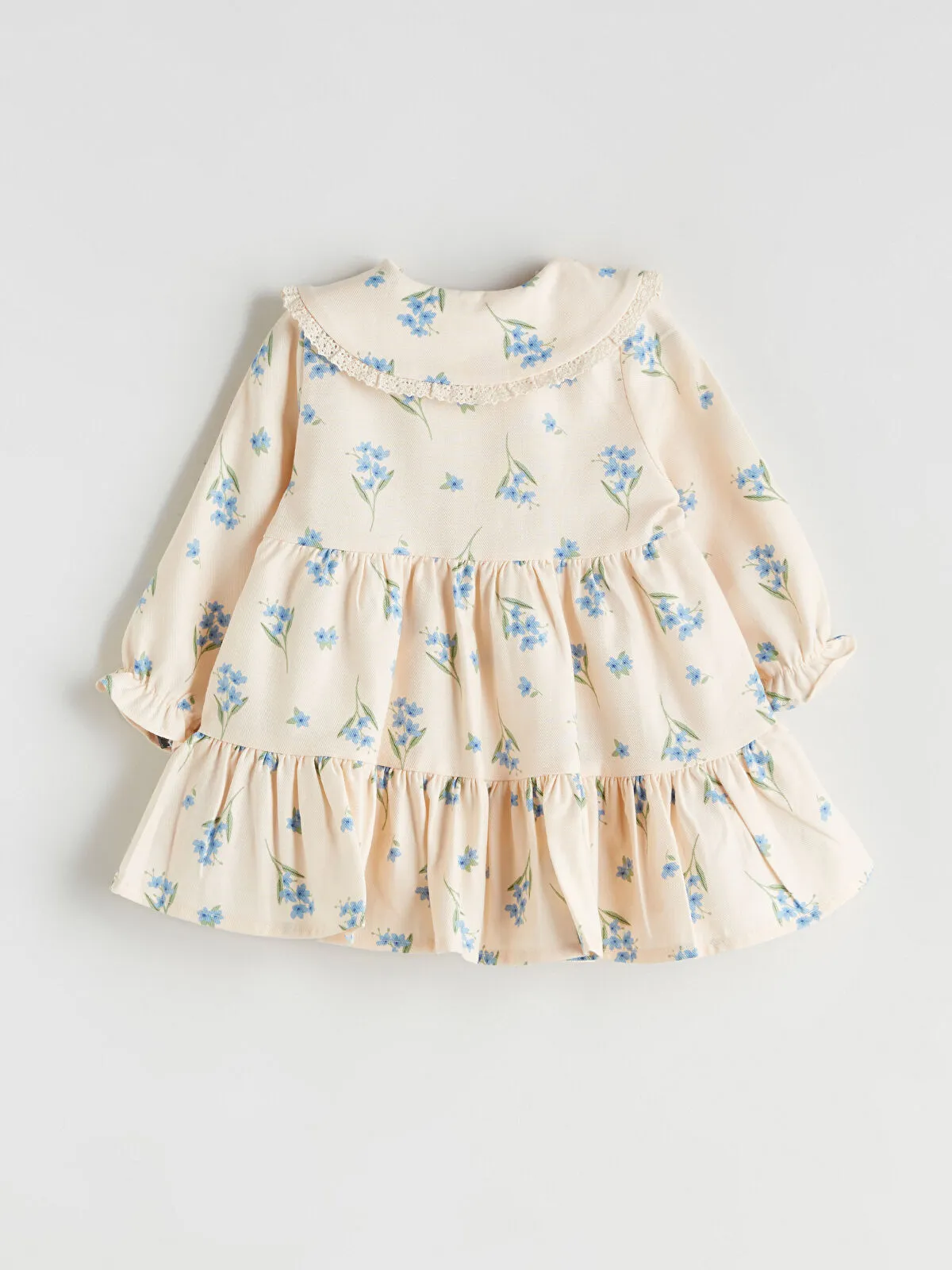 Beige Baby Collar Ruffled Printed Girl's Dress