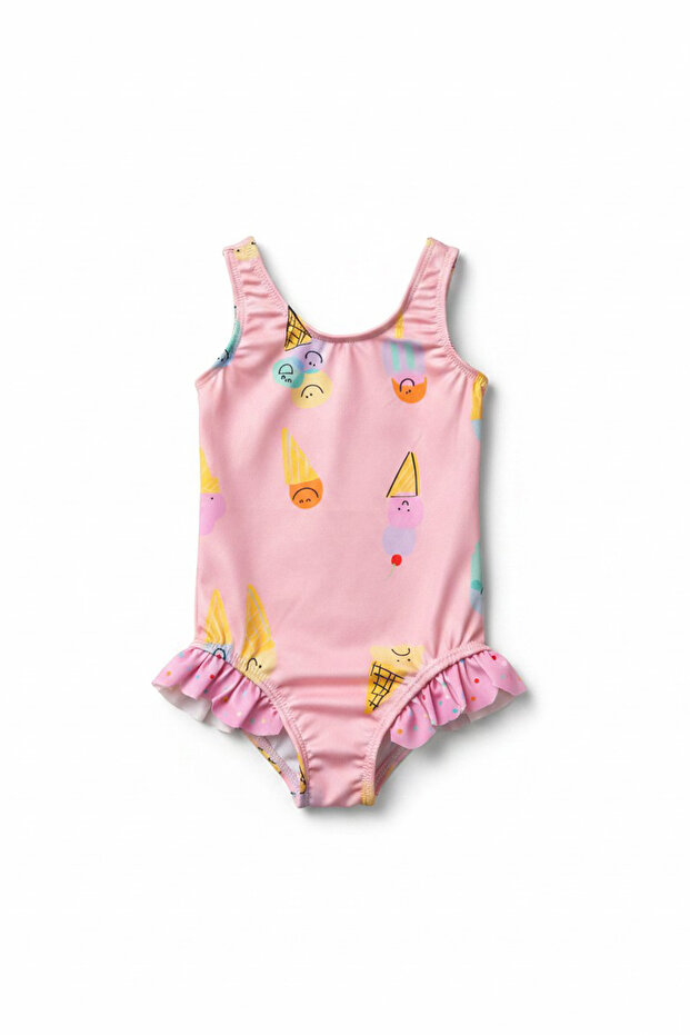 Girls’ Ice Cream Print Frill Swimsuit Set (Ages 3–4 / 9–10)