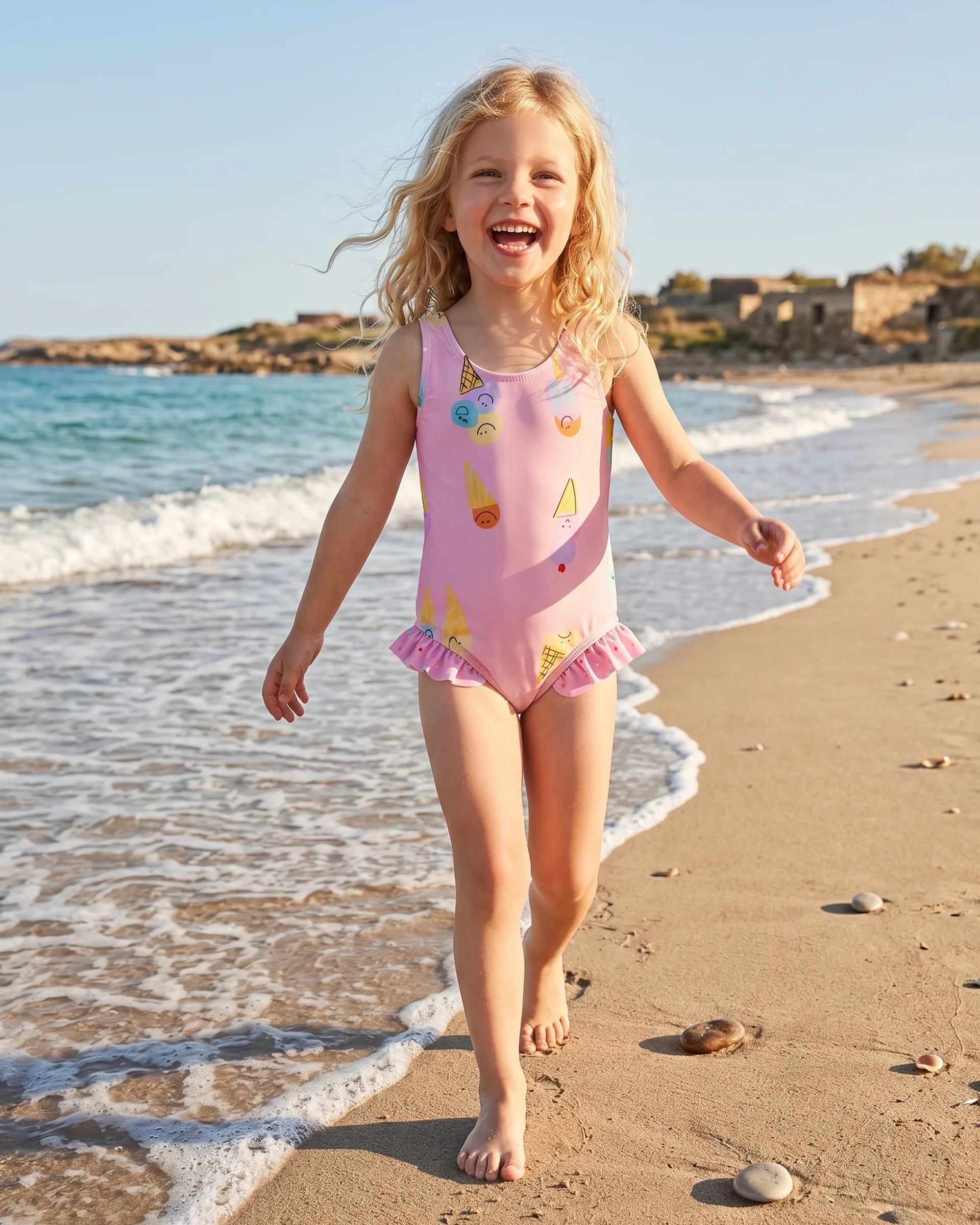 Girls’ Ice Cream Print Frill Swimsuit Set (Ages 3–4 / 9–10)