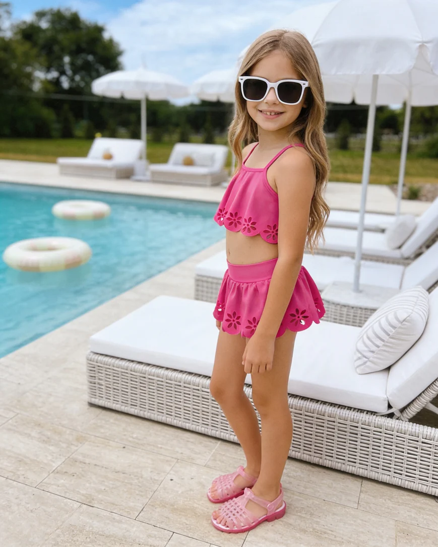 Girls' Embroidered Bikini Set, (Ages 7-8/11-12)