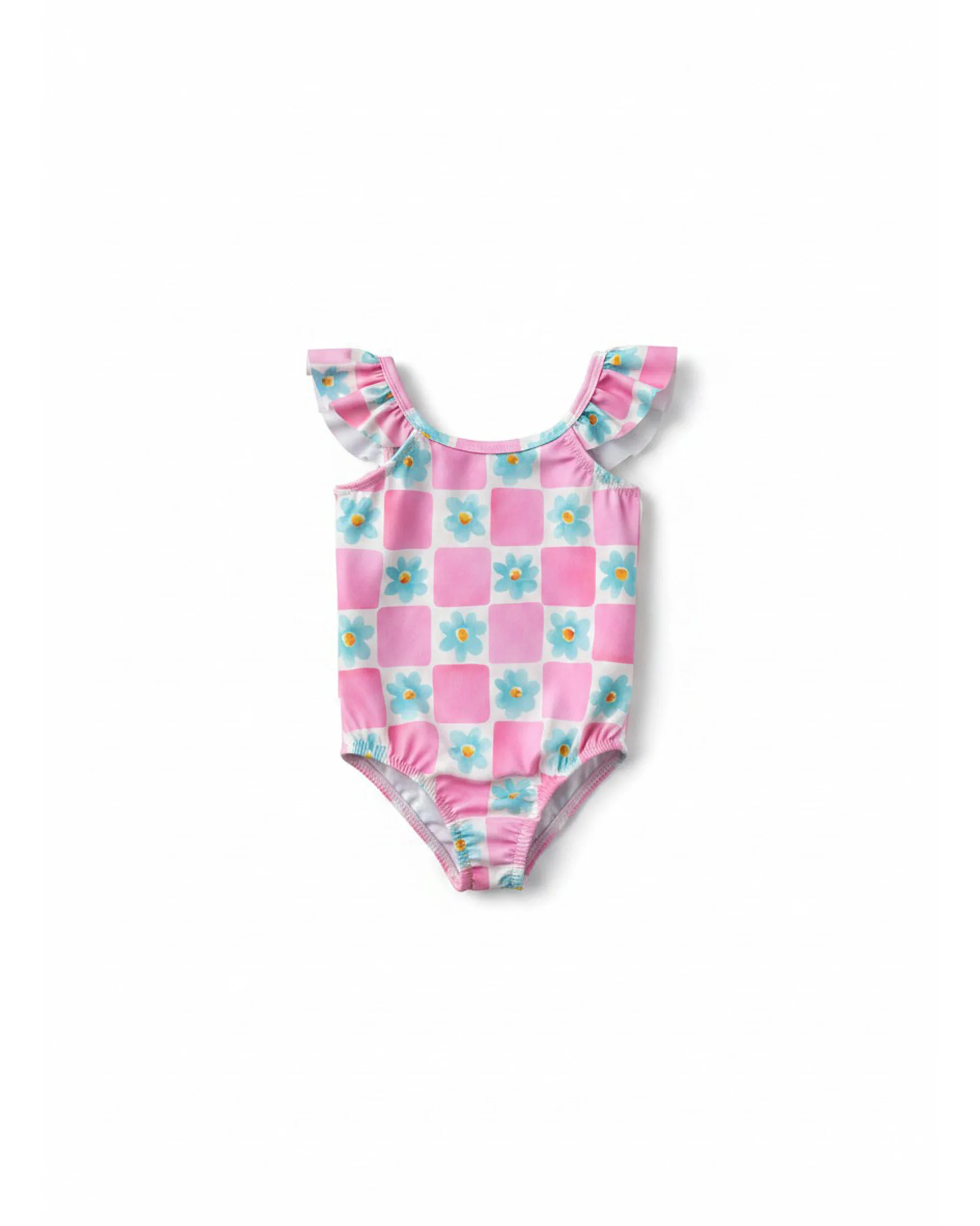 Girls’ Frill Swimsuit with Floral Check Pattern  (Ages 3–4 / 9–10)