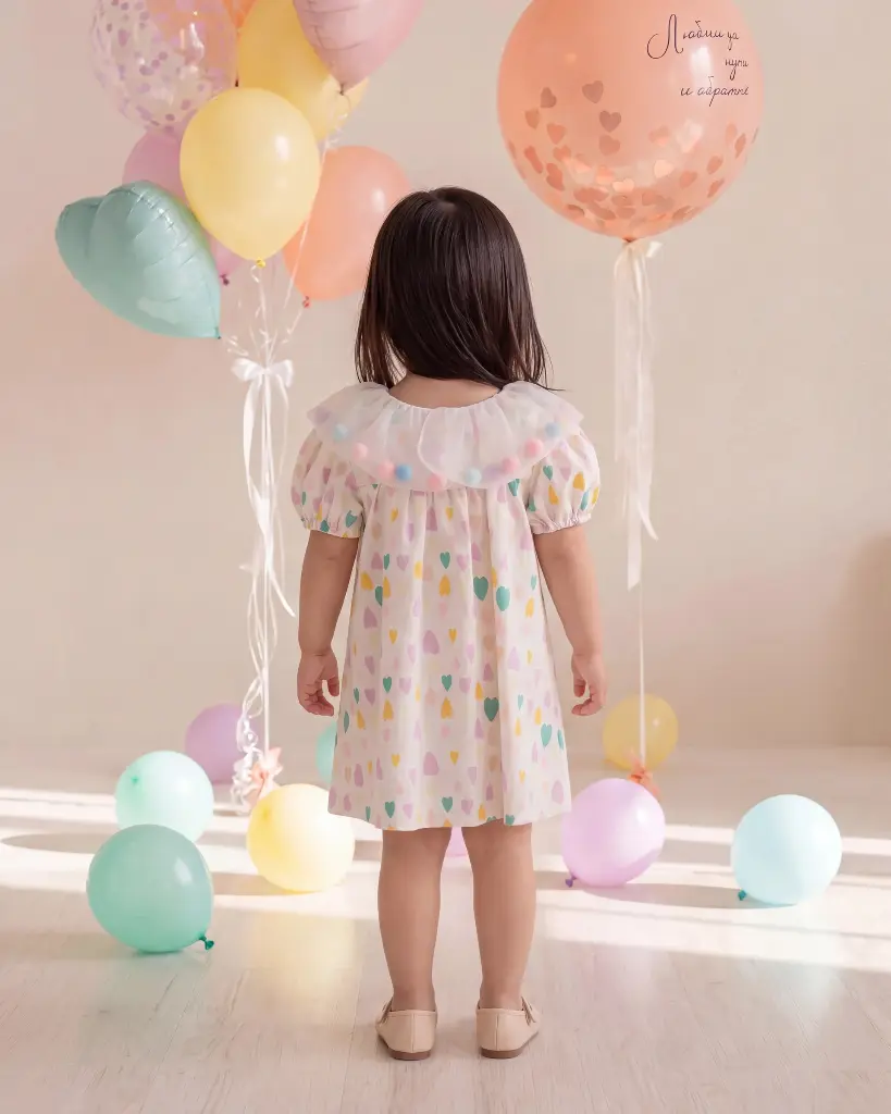 Girls’ Heart Print Dress with Pompom Collar (6–9 Months / 2–3 Years)