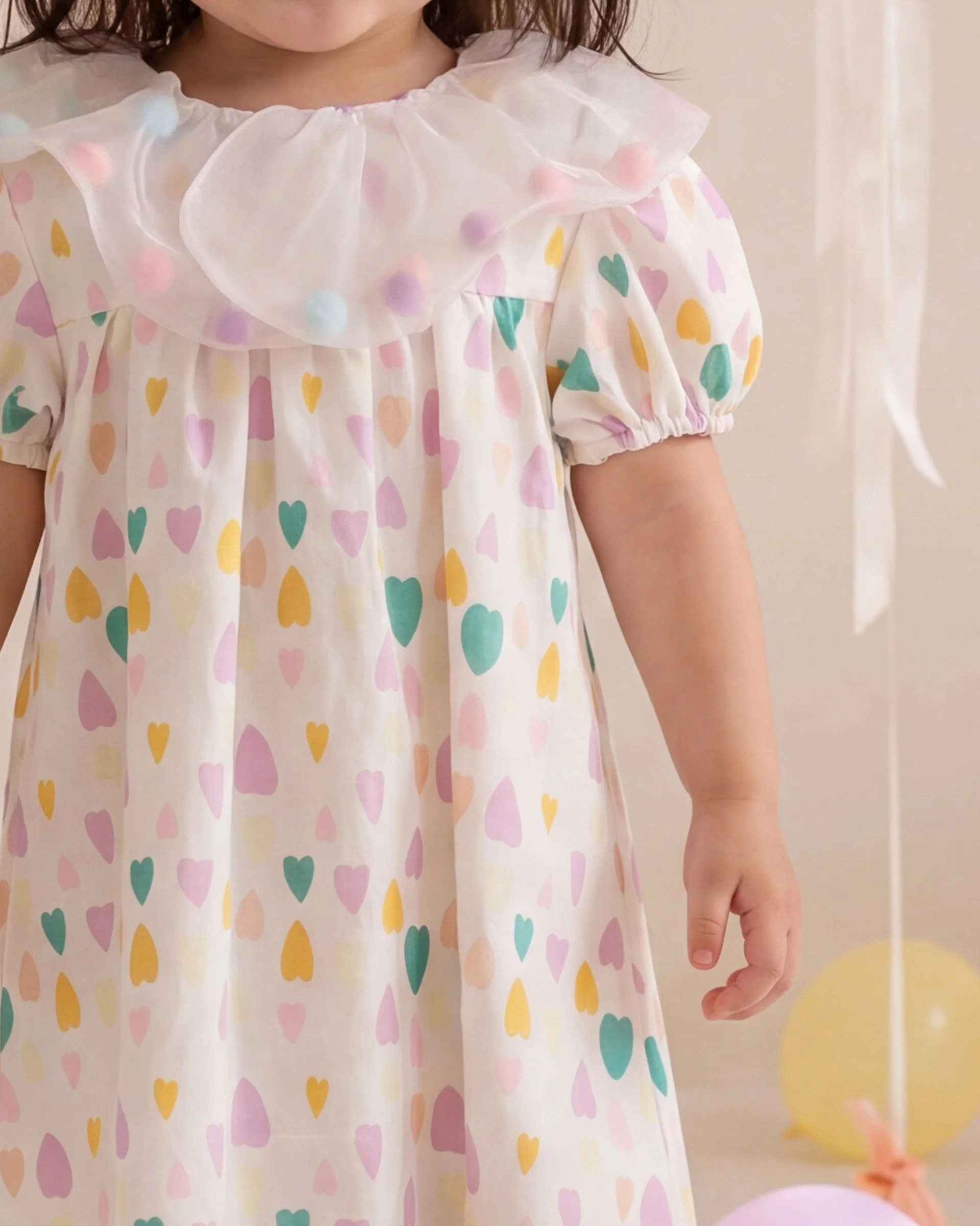 Girls’ Heart Print Dress with Pompom Collar (6–9 Months / 2–3 Years)