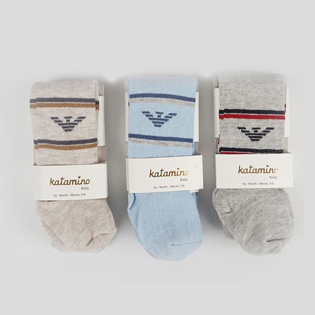 Pack of 3 Cotton Tights for Baby Boys- Beige, Blue & Grey Colors