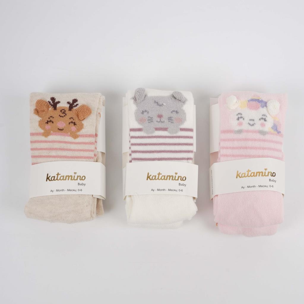 3-Pack of Cotton Tights- Beige, White & Pink Colors (12-18 months)