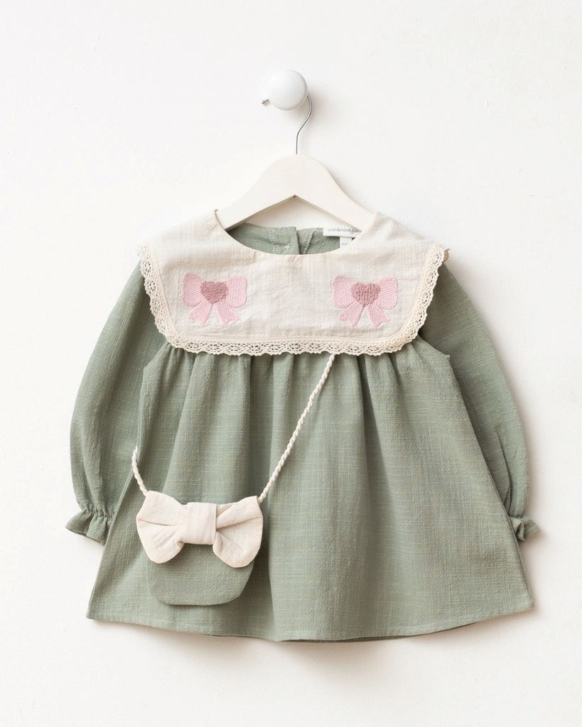Embroidered Girl Dress with Bag - Green  (6-9 months)