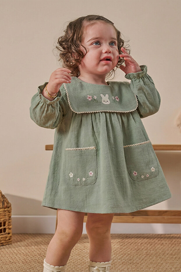 Embroidered Pocket Baby Girl Dress- Green (6-9 months)